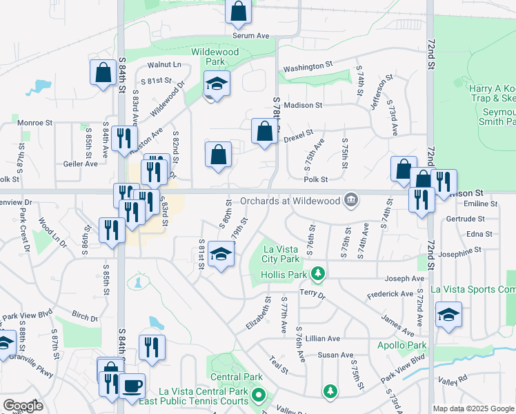 map of restaurants, bars, coffee shops, grocery stores, and more near 7805 Emiline Street in La Vista