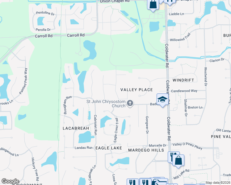 map of restaurants, bars, coffee shops, grocery stores, and more near 11595 Talis Park Way in Fort Wayne