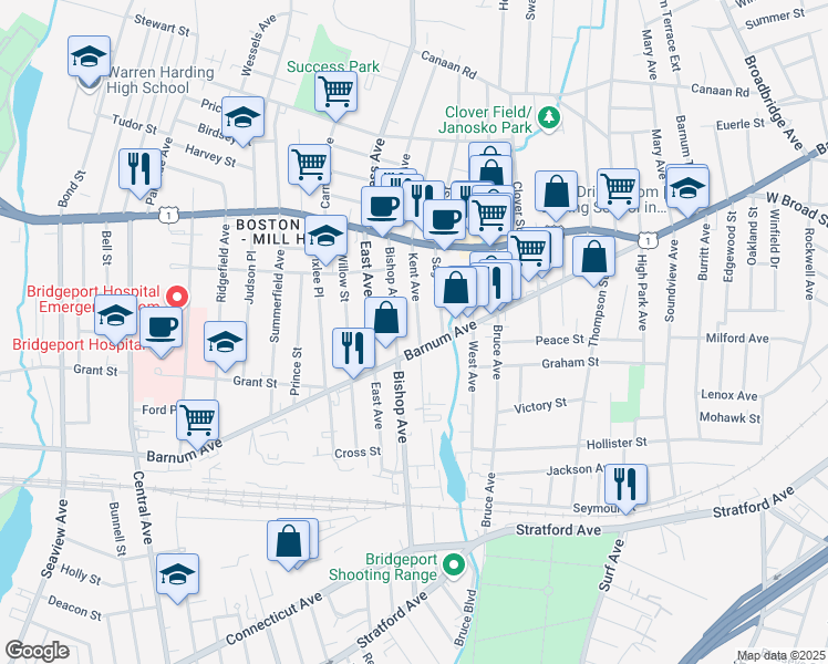 map of restaurants, bars, coffee shops, grocery stores, and more near 25 Kent Avenue in Bridgeport