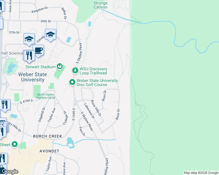 map of restaurants, bars, coffee shops, grocery stores, and more near 1786 Ross Drive in Ogden