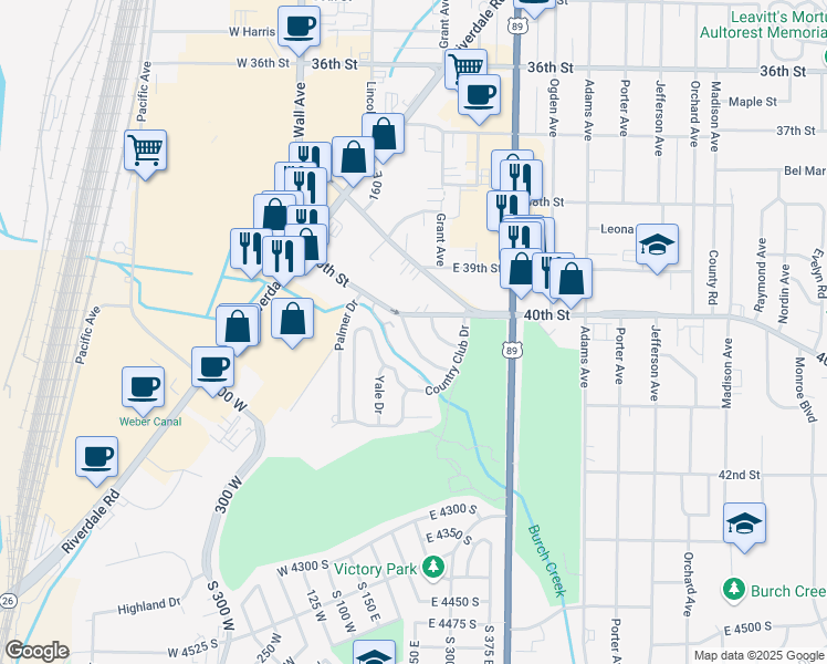 map of restaurants, bars, coffee shops, grocery stores, and more near 4010 Hillcrest Circle in Ogden