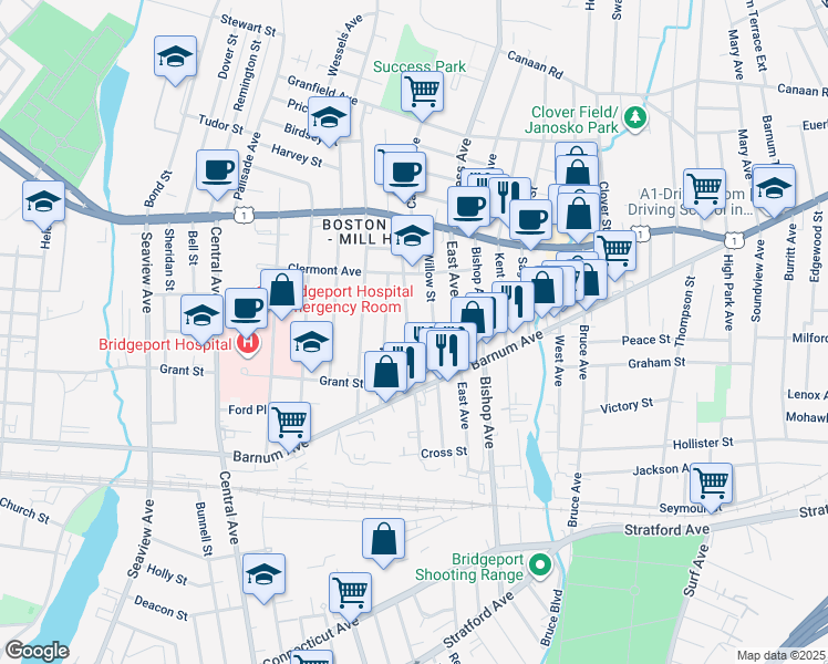 map of restaurants, bars, coffee shops, grocery stores, and more near 257 Willow Street in Bridgeport