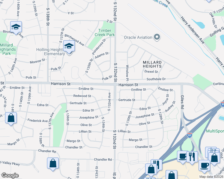 map of restaurants, bars, coffee shops, grocery stores, and more near 7001 South 132nd Avenue in Omaha