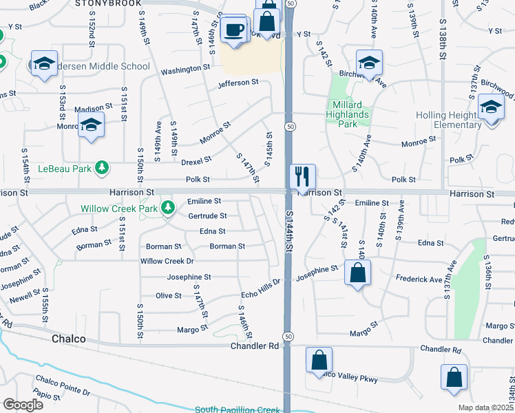 map of restaurants, bars, coffee shops, grocery stores, and more near 7007 South 145th Street in Omaha