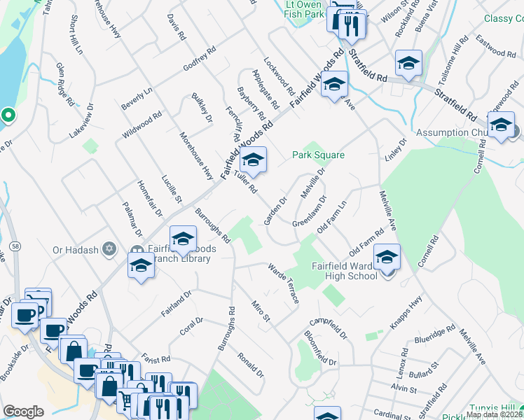map of restaurants, bars, coffee shops, grocery stores, and more near 39 Tuller Road in Fairfield