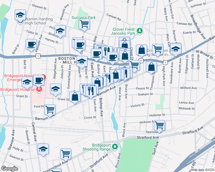 map of restaurants, bars, coffee shops, grocery stores, and more near 25 Kent Avenue in Bridgeport