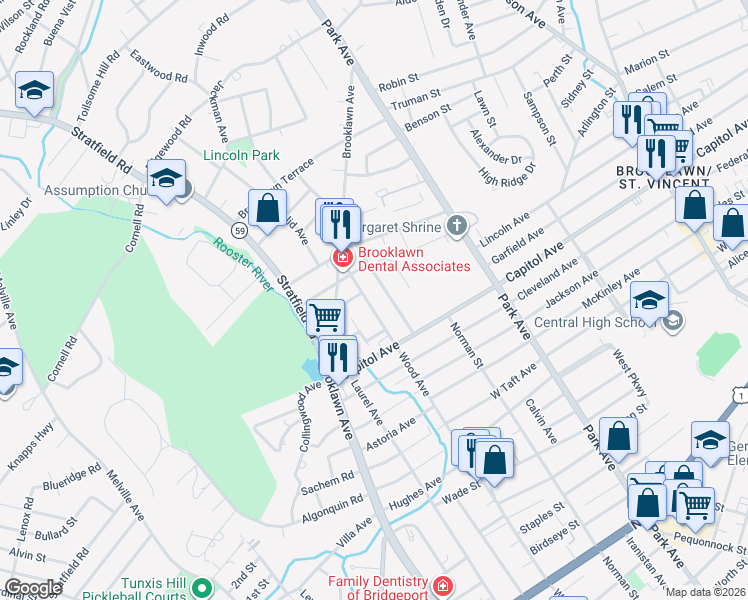 map of restaurants, bars, coffee shops, grocery stores, and more near 1406 Wood Avenue in Bridgeport