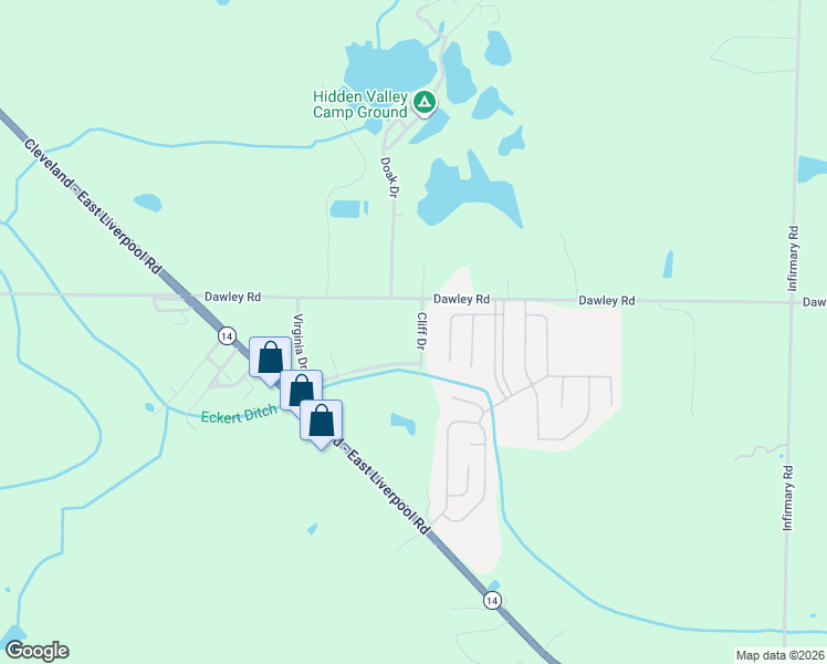 map of restaurants, bars, coffee shops, grocery stores, and more near 7323 Cliff Drive in Ravenna