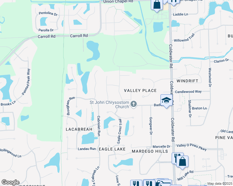 map of restaurants, bars, coffee shops, grocery stores, and more near 402 Badiac Road in Fort Wayne