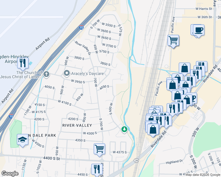 map of restaurants, bars, coffee shops, grocery stores, and more near 619 4050 South in Riverdale