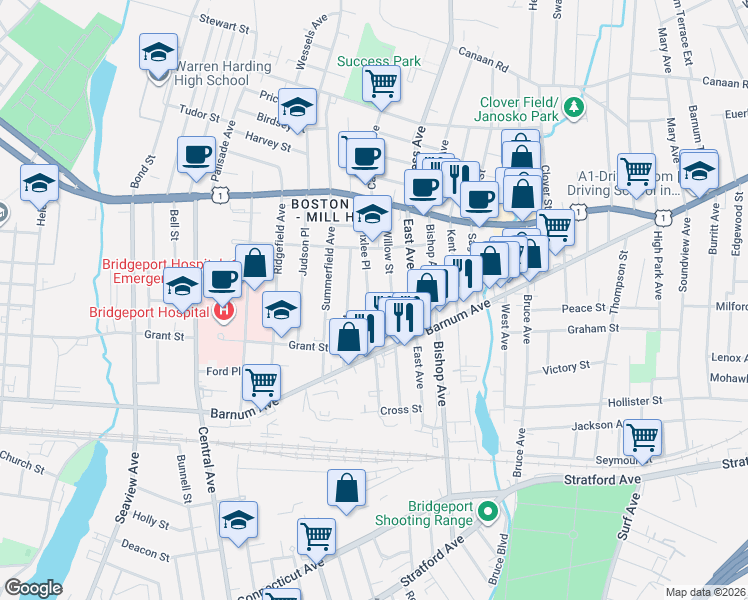 map of restaurants, bars, coffee shops, grocery stores, and more near 257 Willow Street in Bridgeport