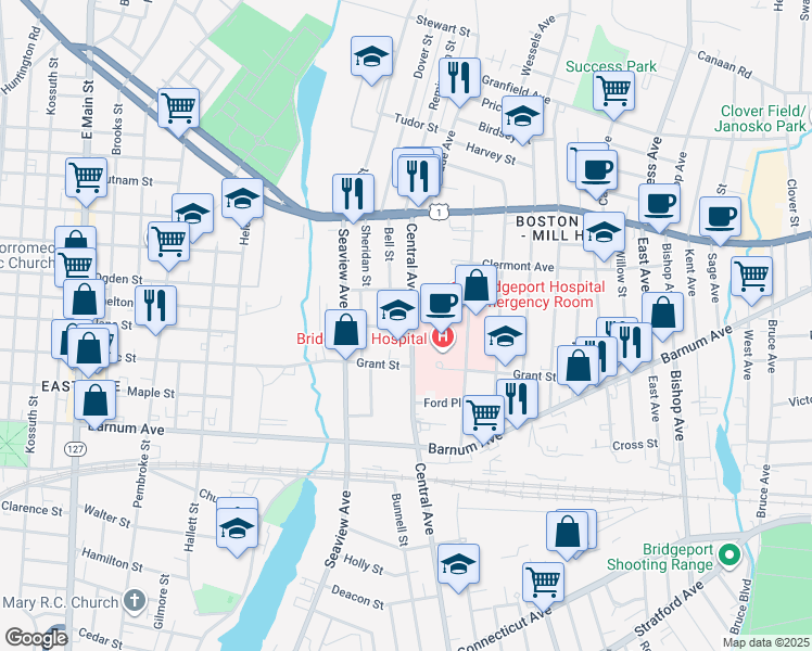 map of restaurants, bars, coffee shops, grocery stores, and more near 61 Mead Street in Bridgeport