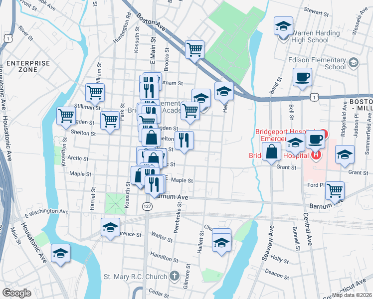map of restaurants, bars, coffee shops, grocery stores, and more near 1167 Pembroke Street in Bridgeport