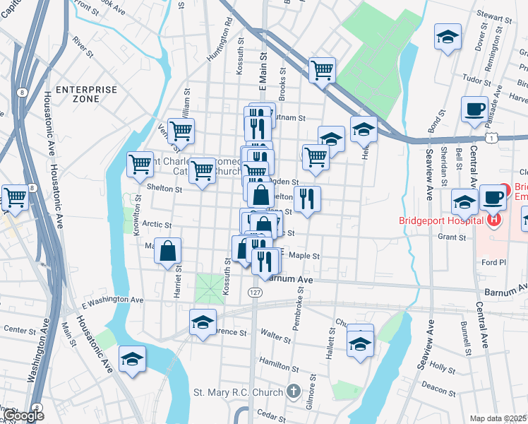 map of restaurants, bars, coffee shops, grocery stores, and more near 1126 East Main Street in Bridgeport