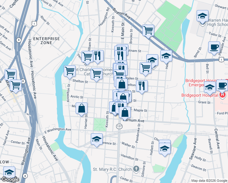 map of restaurants, bars, coffee shops, grocery stores, and more near 844 Kossuth Street in Bridgeport