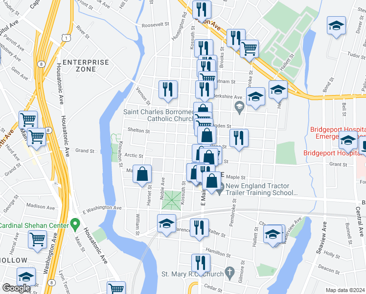 map of restaurants, bars, coffee shops, grocery stores, and more near 844 Kossuth Street in Bridgeport