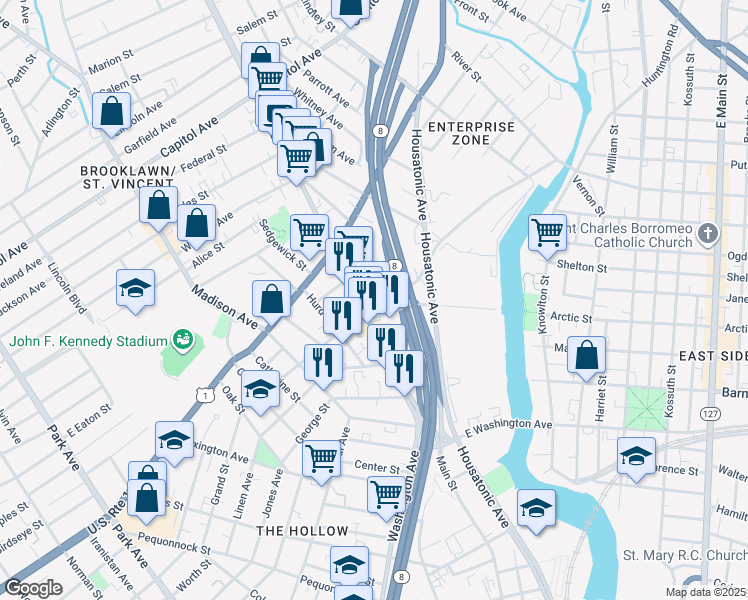 map of restaurants, bars, coffee shops, grocery stores, and more near 1930 Main Street in Bridgeport