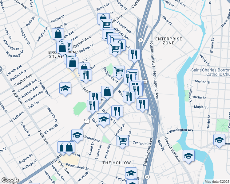 map of restaurants, bars, coffee shops, grocery stores, and more near 1071 North Avenue in Bridgeport
