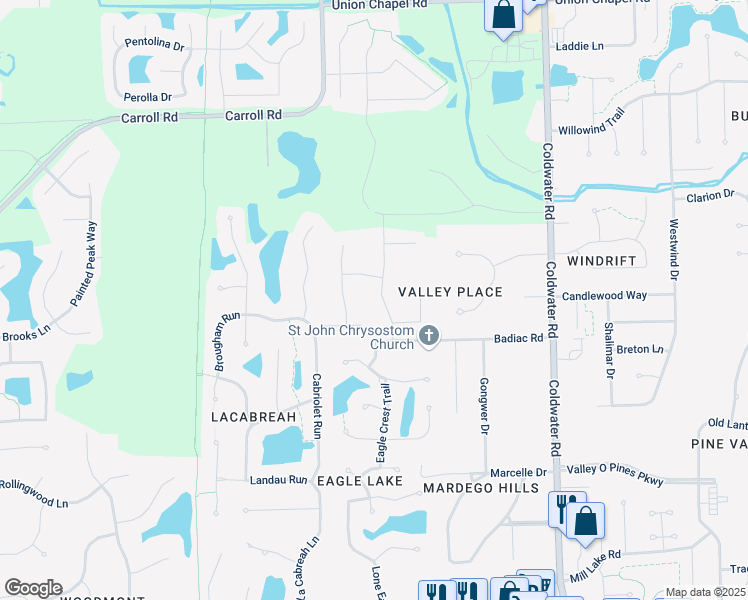 map of restaurants, bars, coffee shops, grocery stores, and more near 402 Badiac Road in Fort Wayne