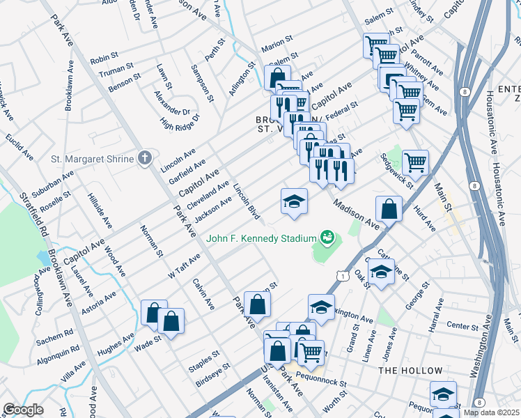 map of restaurants, bars, coffee shops, grocery stores, and more near 944-946 Lincoln Boulevard in Bridgeport
