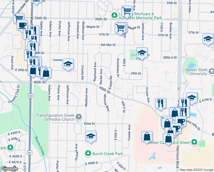 map of restaurants, bars, coffee shops, grocery stores, and more near 3885 South Evelyn Road in South Ogden