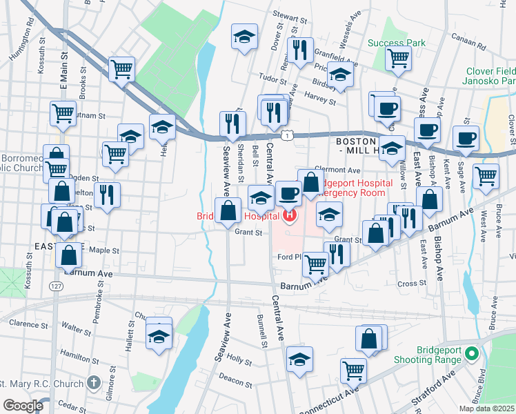 map of restaurants, bars, coffee shops, grocery stores, and more near 61 Mead Street in Bridgeport