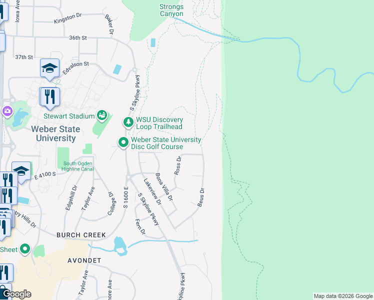 map of restaurants, bars, coffee shops, grocery stores, and more near 1786 Ross Drive in Ogden