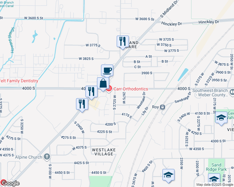 map of restaurants, bars, coffee shops, grocery stores, and more near 4022 South 2725 West in Roy