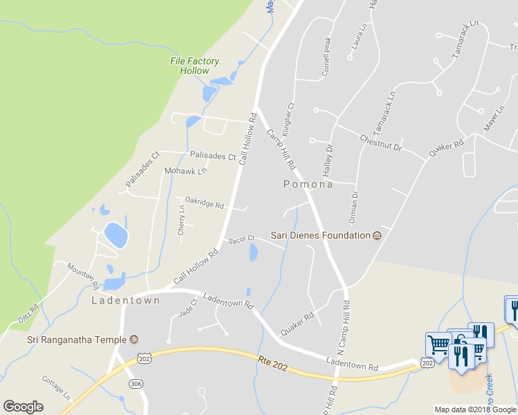 map of restaurants, bars, coffee shops, grocery stores, and more near 4 Oak Ridge Court in Pomona