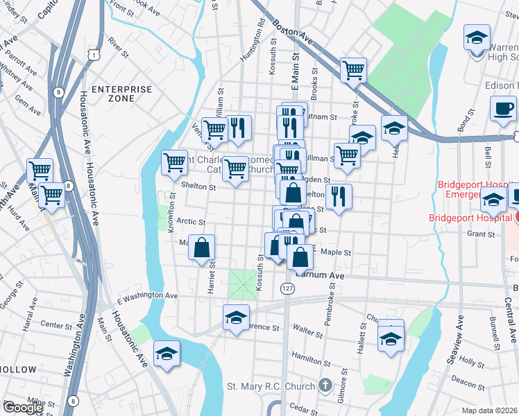 map of restaurants, bars, coffee shops, grocery stores, and more near 855 Kossuth Street in Bridgeport