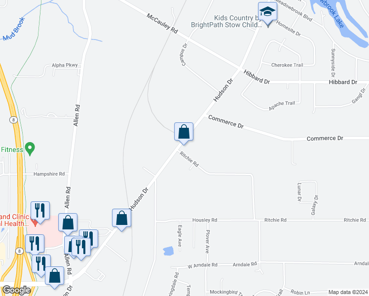 map of restaurants, bars, coffee shops, grocery stores, and more near 4563 Hudson Drive in Stow