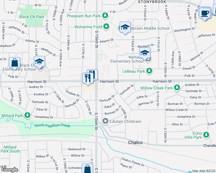 map of restaurants, bars, coffee shops, grocery stores, and more near 6912 South 154th Street in Omaha