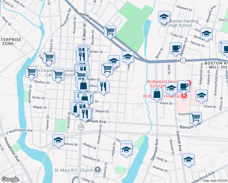map of restaurants, bars, coffee shops, grocery stores, and more near 547 Jane Street in Bridgeport
