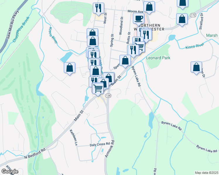 map of restaurants, bars, coffee shops, grocery stores, and more near 8 Armonk Road in Mount Kisco