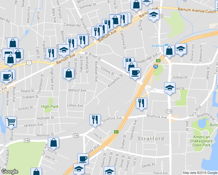 map of restaurants, bars, coffee shops, grocery stores, and more near 340 Knowlton Street in Stratford