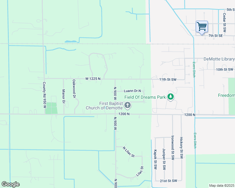 map of restaurants, bars, coffee shops, grocery stores, and more near 12143 County Road 900 in De Motte