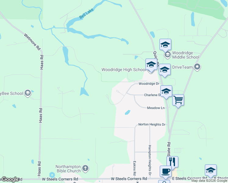 map of restaurants, bars, coffee shops, grocery stores, and more near 192 Woodridge Circle East in Cuyahoga Falls