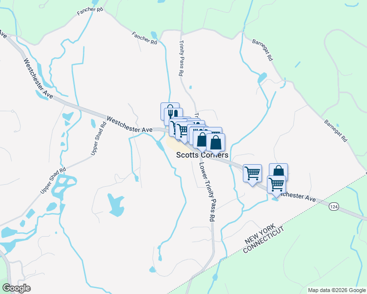 map of restaurants, bars, coffee shops, grocery stores, and more near 74 Westchester Avenue in Pound Ridge