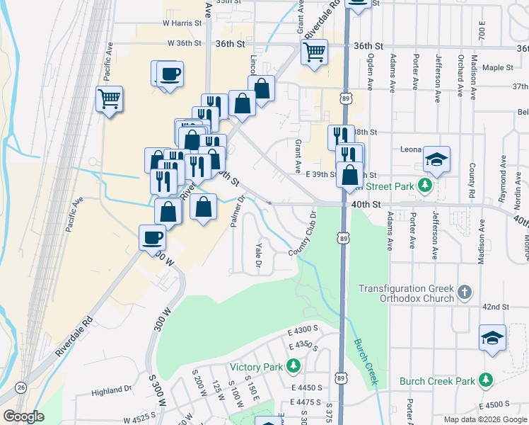 map of restaurants, bars, coffee shops, grocery stores, and more near 201 Country Club Drive in Ogden