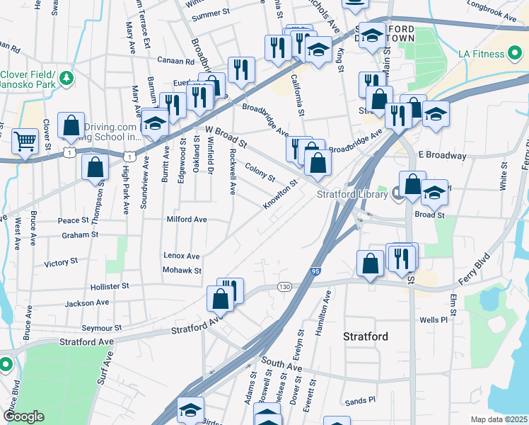 map of restaurants, bars, coffee shops, grocery stores, and more near 311 Knowlton Street in Stratford