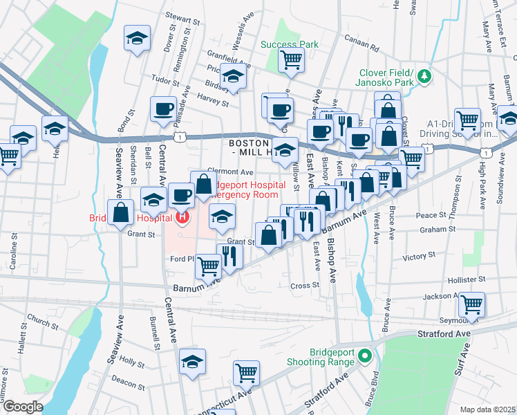 map of restaurants, bars, coffee shops, grocery stores, and more near 146 Prince Street in Bridgeport