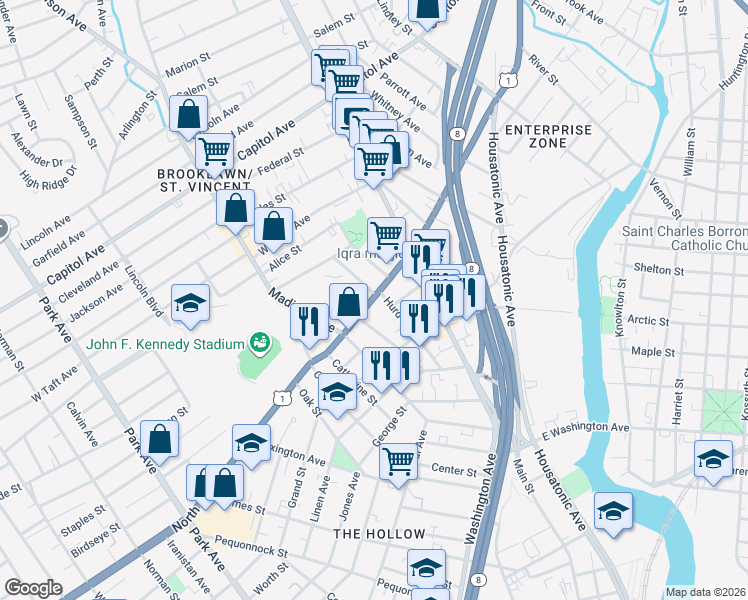 map of restaurants, bars, coffee shops, grocery stores, and more near 1071 North Avenue in Bridgeport