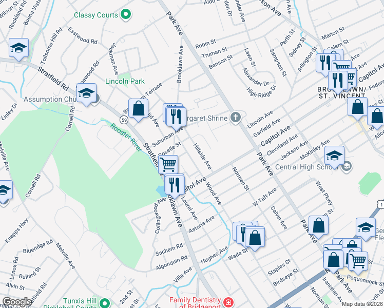 map of restaurants, bars, coffee shops, grocery stores, and more near 1406 Wood Avenue in Bridgeport