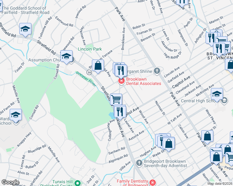 map of restaurants, bars, coffee shops, grocery stores, and more near 273 Roselle Street in Fairfield
