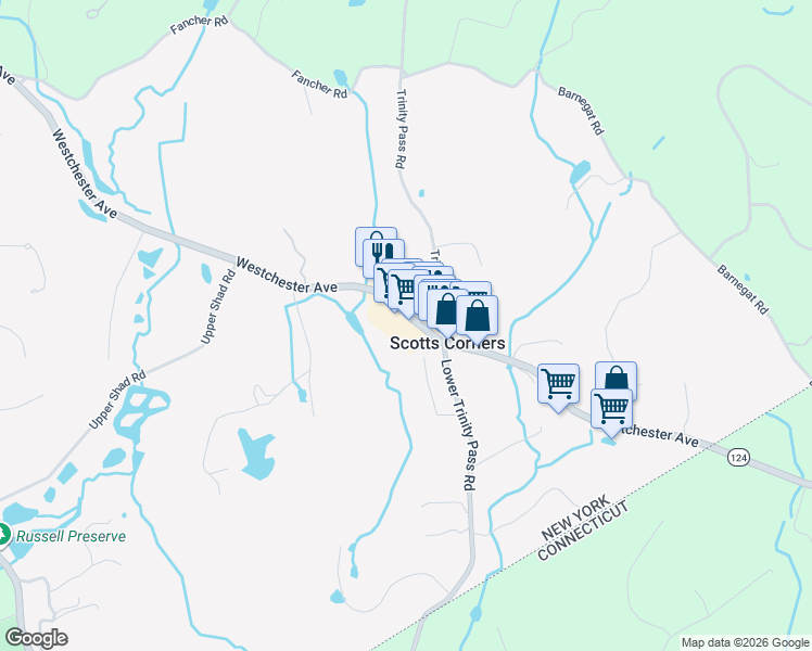 map of restaurants, bars, coffee shops, grocery stores, and more near 74 Westchester Avenue in Pound Ridge