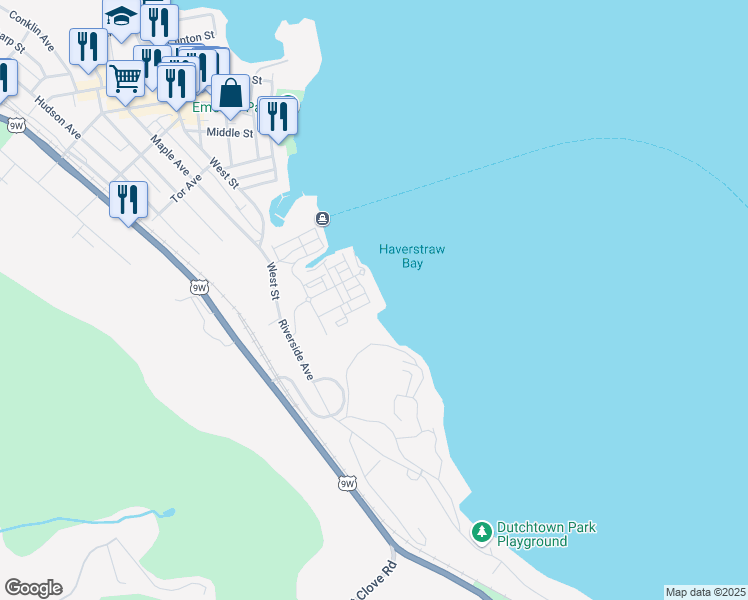 map of restaurants, bars, coffee shops, grocery stores, and more near 56 Riverfront Lane in Haverstraw
