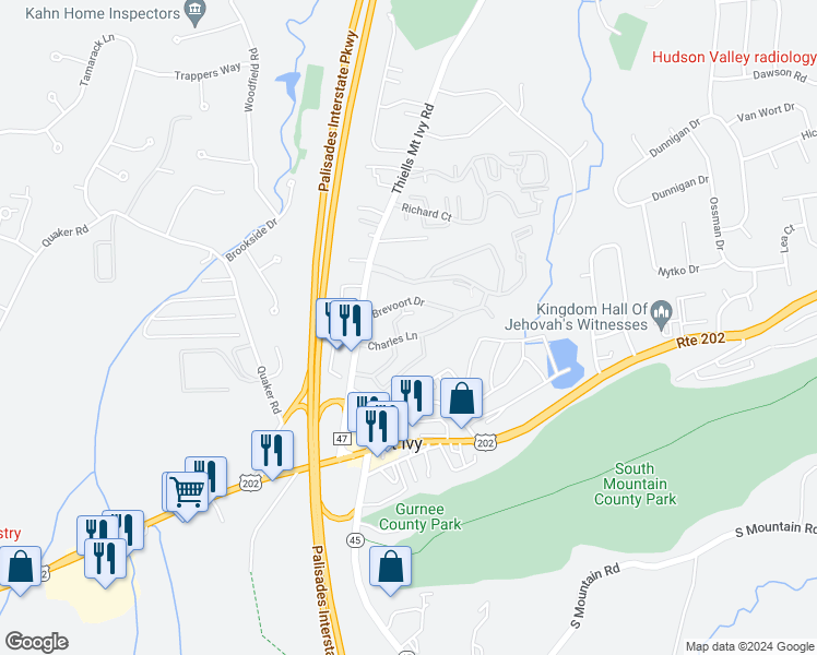 map of restaurants, bars, coffee shops, grocery stores, and more near 10 Charles Lane in Pomona