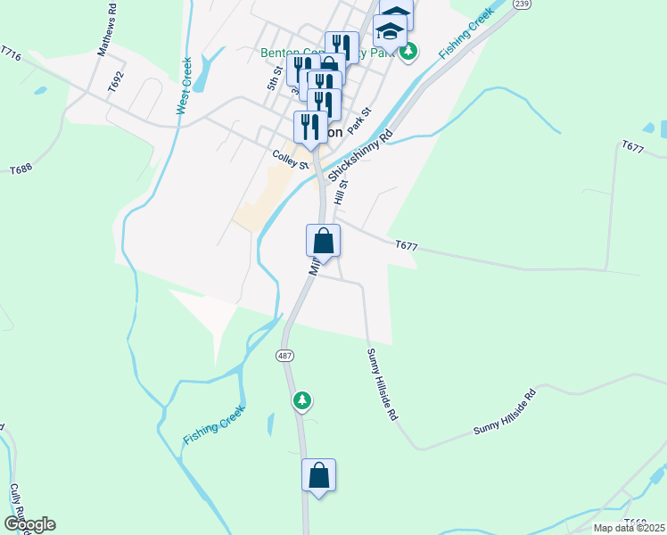 map of restaurants, bars, coffee shops, grocery stores, and more near 20 Sunny Hillside Road in Benton