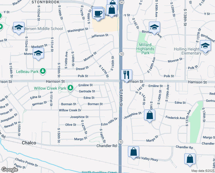 map of restaurants, bars, coffee shops, grocery stores, and more near 7008 South 145th Street in Omaha