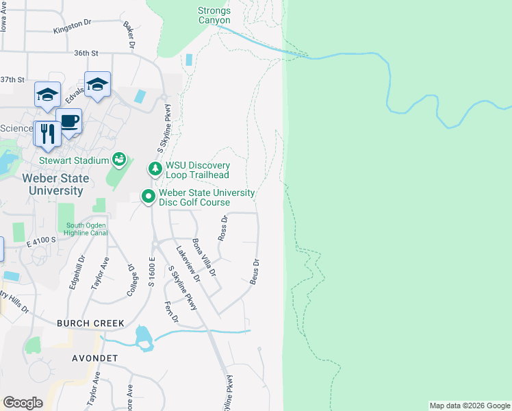 map of restaurants, bars, coffee shops, grocery stores, and more near 4000 Beus Drive in Ogden